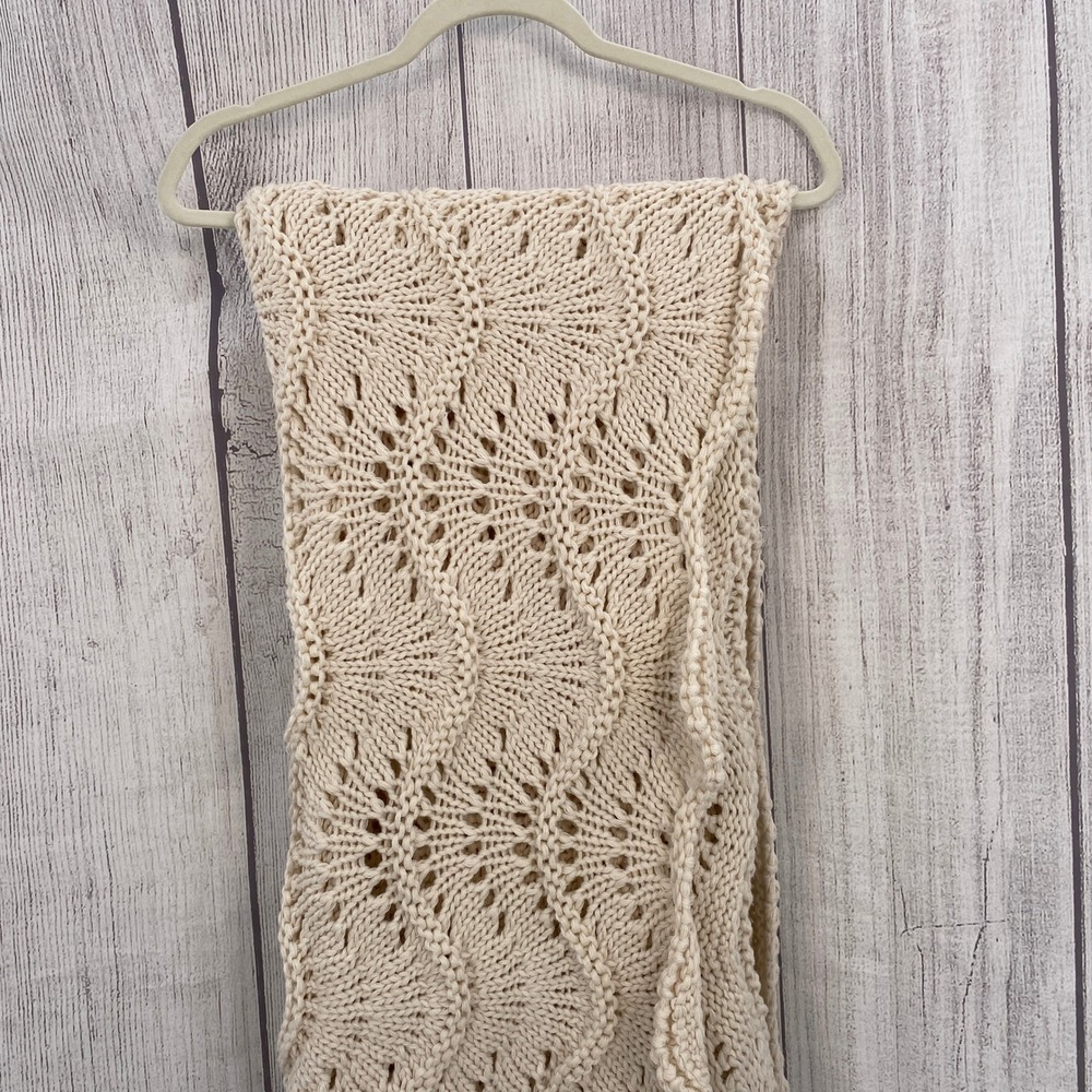 Shabby Chic Throw Blanket Cream Pointelle Fan Chunky Knit Scalloped Edge Country